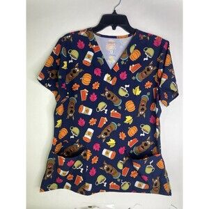Scooby-Doo Autumn Scrub Top Pumpkin Spice Fall Blue Stretch Womens Size M